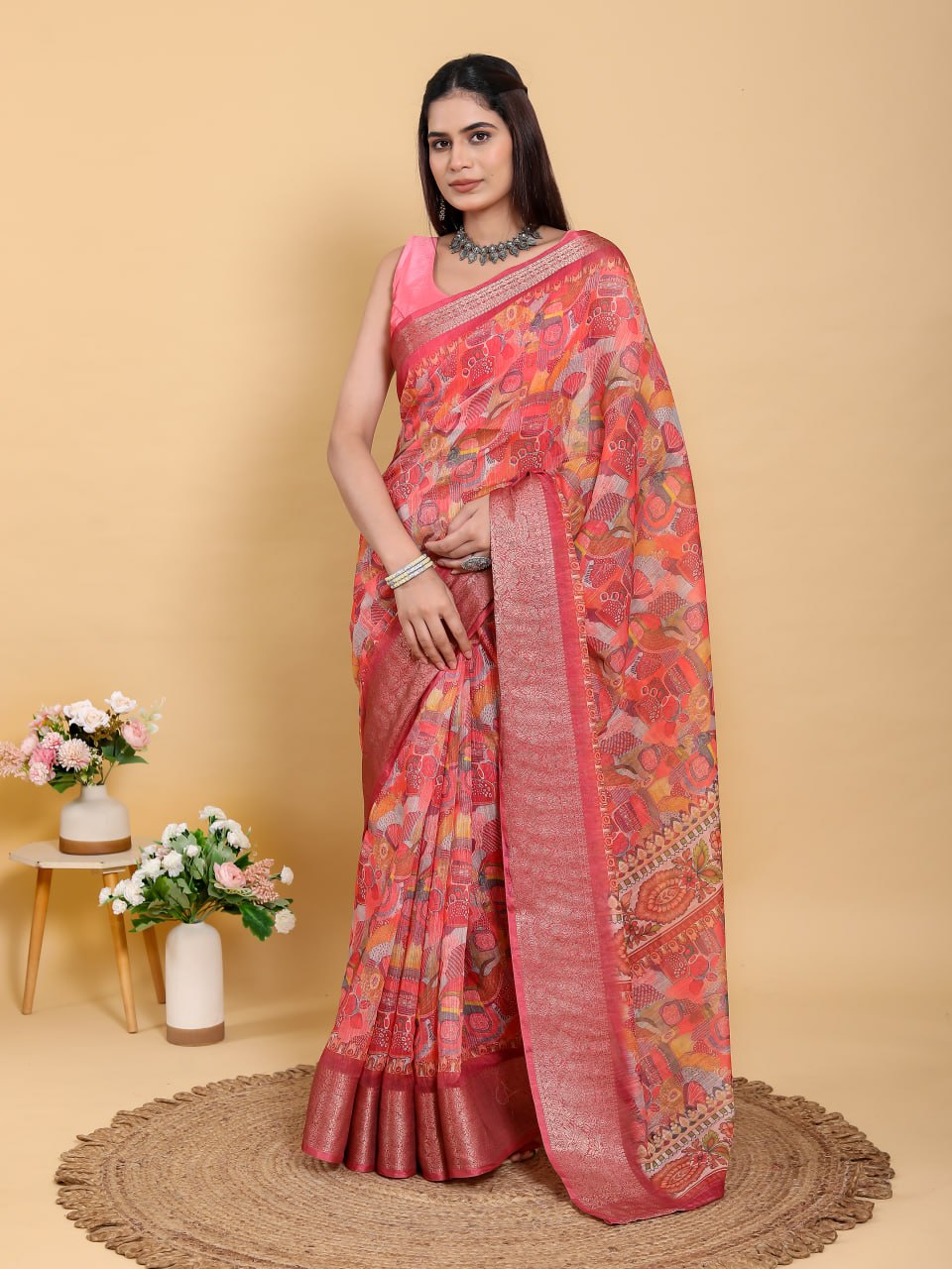 Bold Red Linen Cotton Saree | Folk Art & Geometric Jacquard Print ✨